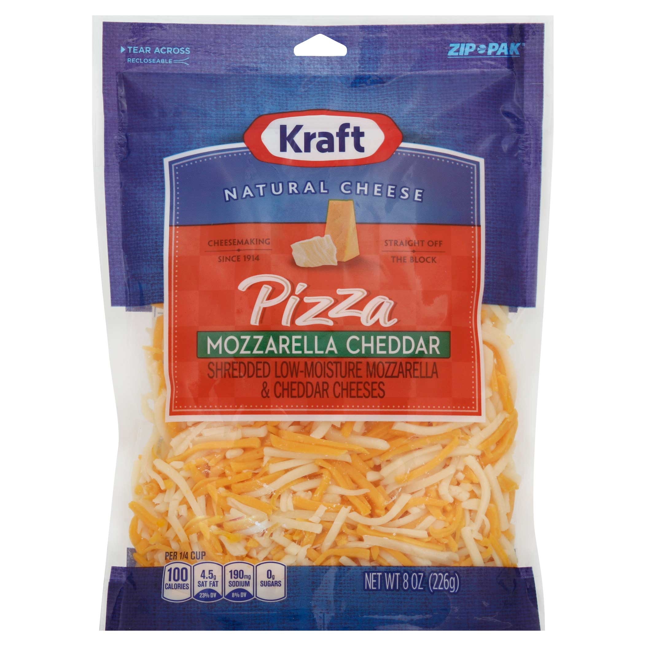 Kraft Natural Pizza Style Shredded Mozzarella Cheddar Cheese, 8 Ounce -- 12 per case.