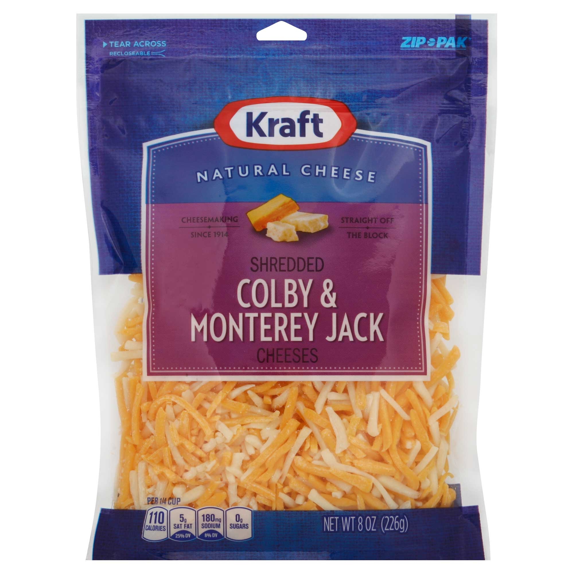 Kraft Zip Pak Shredded Colby and Monterey Jack Cheese, 8 Ounce -- 12 per case.