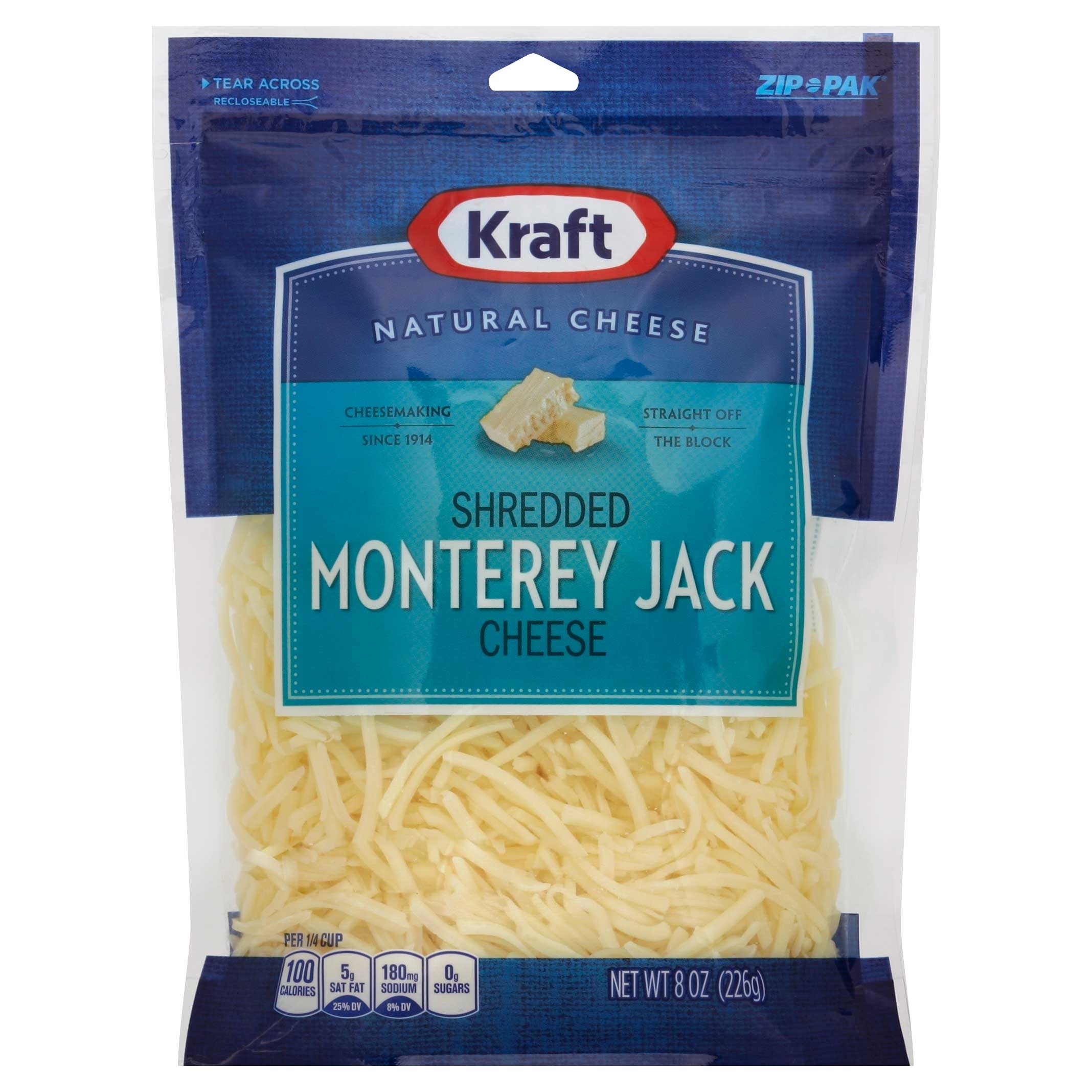 Kraft Zip Pak Natural Shredded Monterey Jack Cheese, 8 Ounce -- 12 per case.