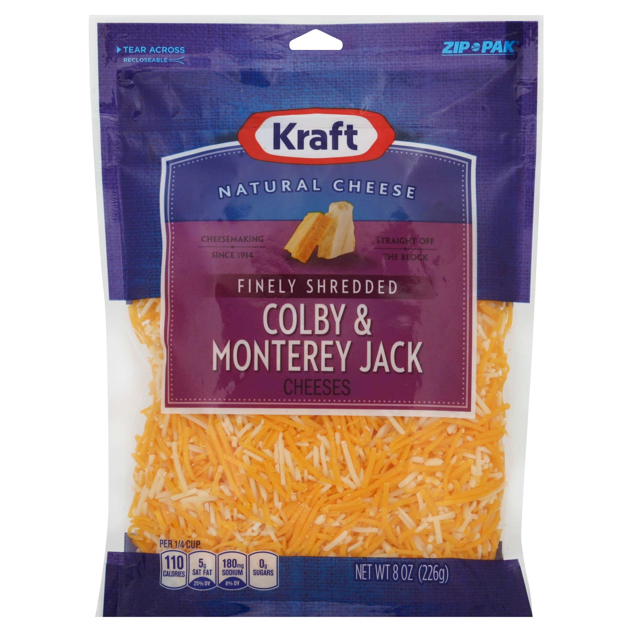 Kraft Zip Pak Natural Finely Shredded Colby and Monterey Jack Cheese, 8 Ounce -- 12 per case.