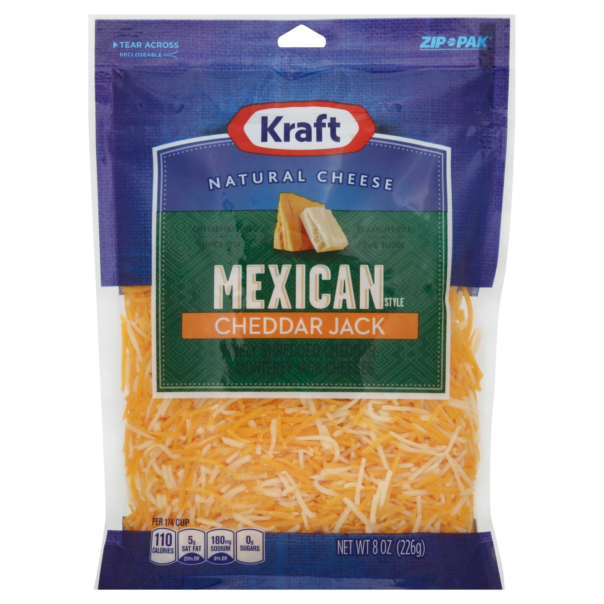 Kraft Zip Pak Natural Shredded Mexican Style Cheddar Jack Cheese, 8 Ounce -- 12 per case.