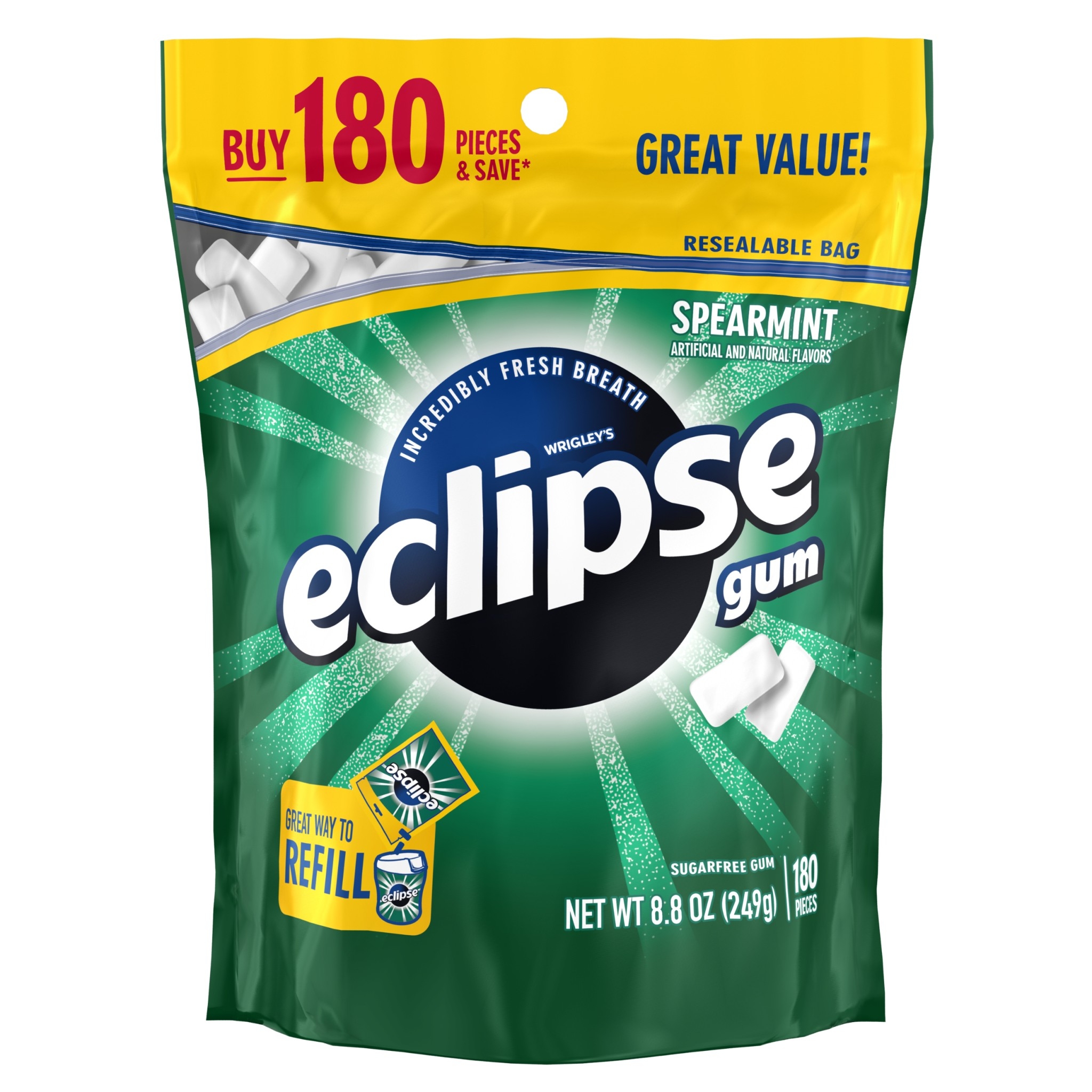 Eclipse 8.8 Ounce Spearmint Gum - Gusseted Bag, 180 count per pack -- 8 per case.