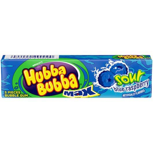 Hubba Bubba Sour Blue Raspberry Bubble Gum - 5 count per pack -- 144 packs per case