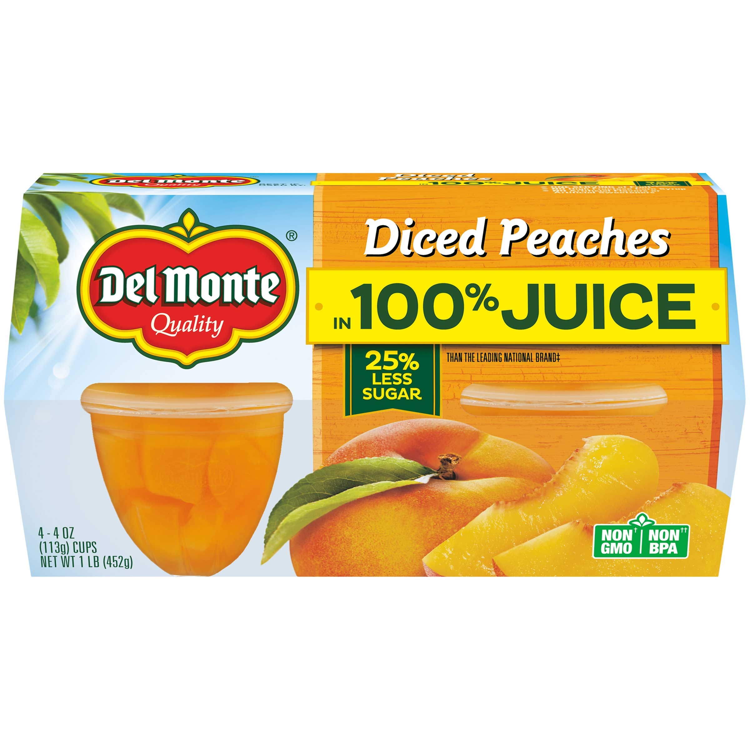 Del Monte Diced Peaches In 100 Percent Juice, 4 ounce -- 24 cups per case