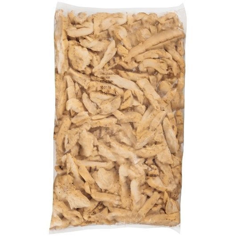 John Soules Foods Fully Cooked Flame Broiled Seasoned Boneless Skinless Chicken Breast Strips with Rib Meat, 5 Pound -- 2 per case