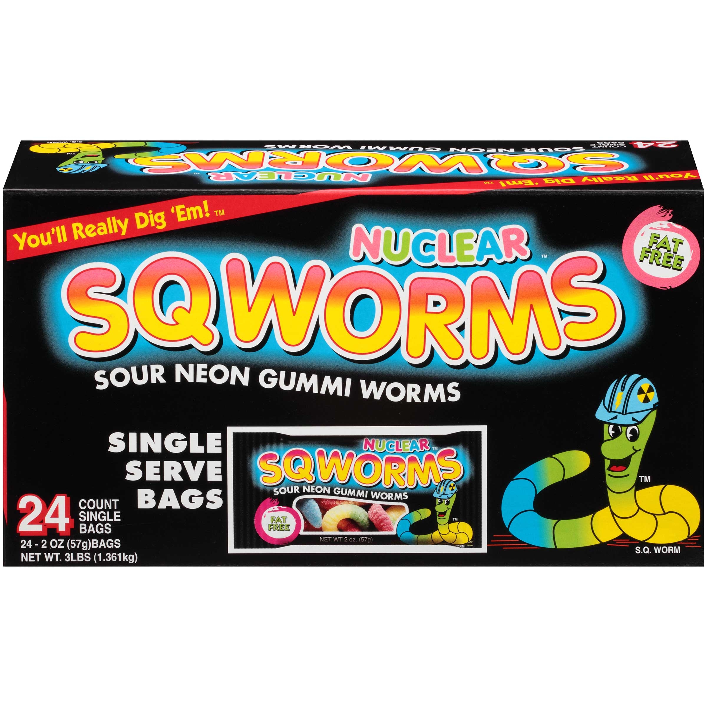 Nuclear Sqworms Sour Neon Gummi Worms, 2 Ounce -- 144 per case.