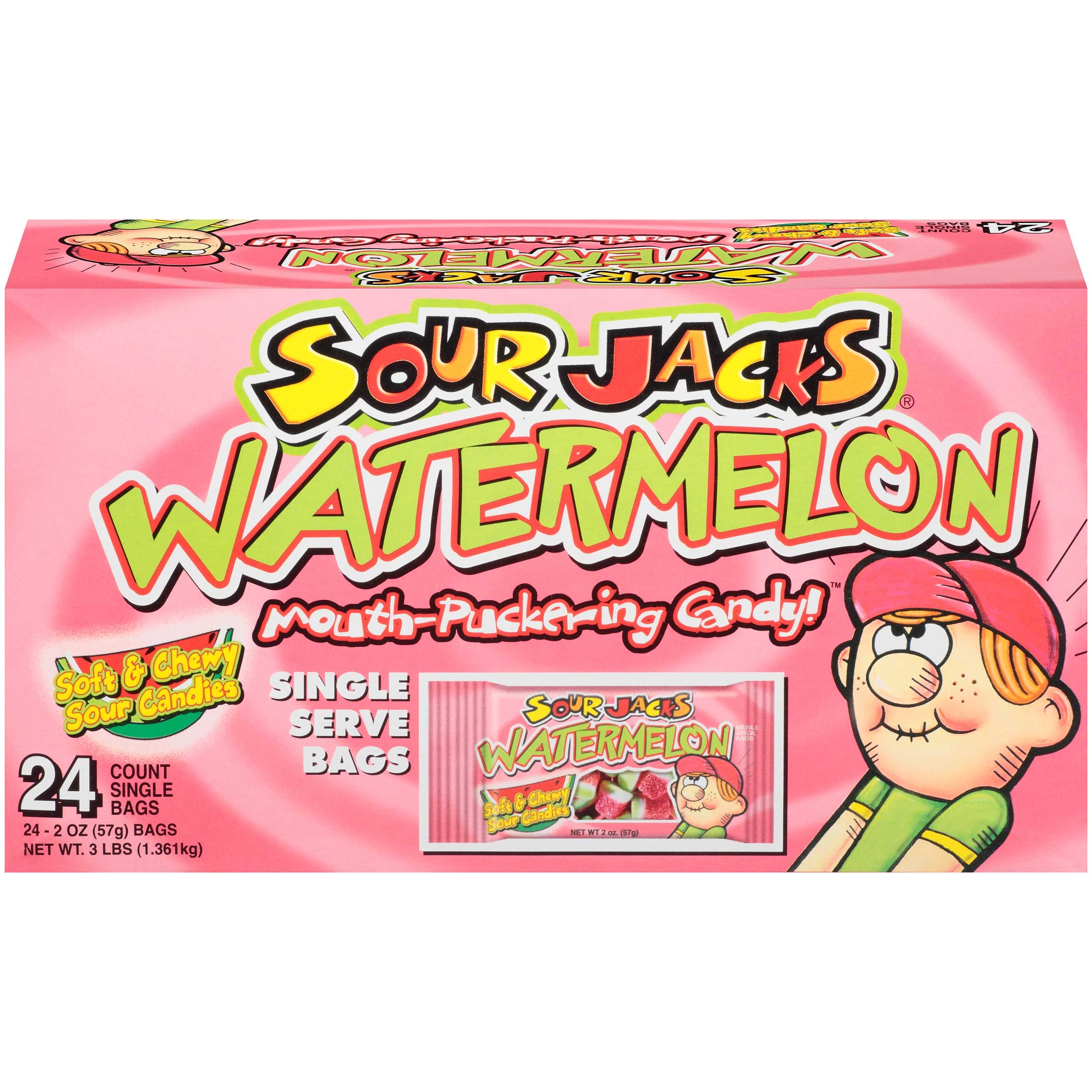 Sour Jacks Watermelon Soft and Chewy Candy, 2 Ounce -- 144 per case.