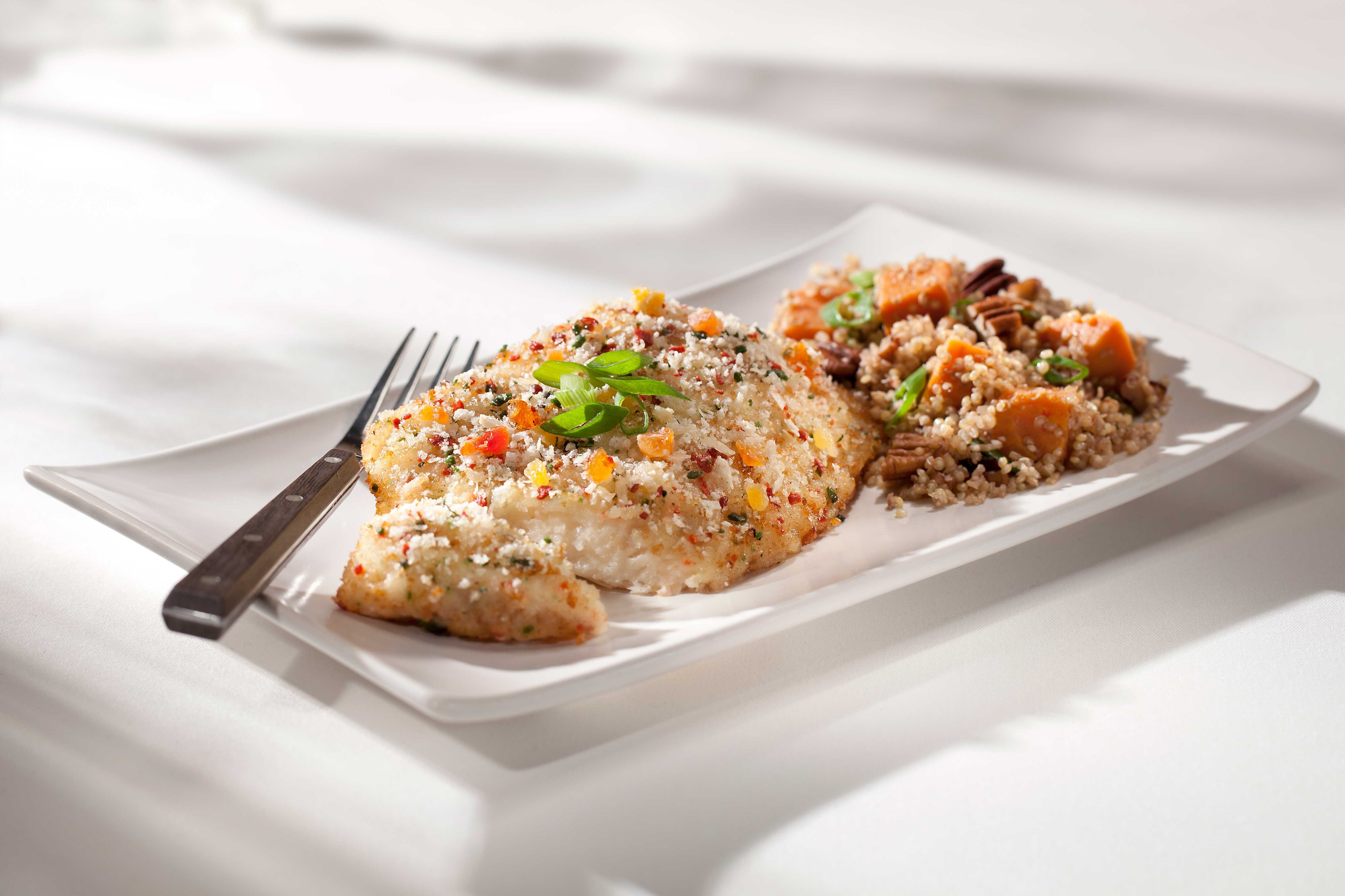 Fishery Coconut Breaded Tilapia with Mango and Papaya, 10 Pound.