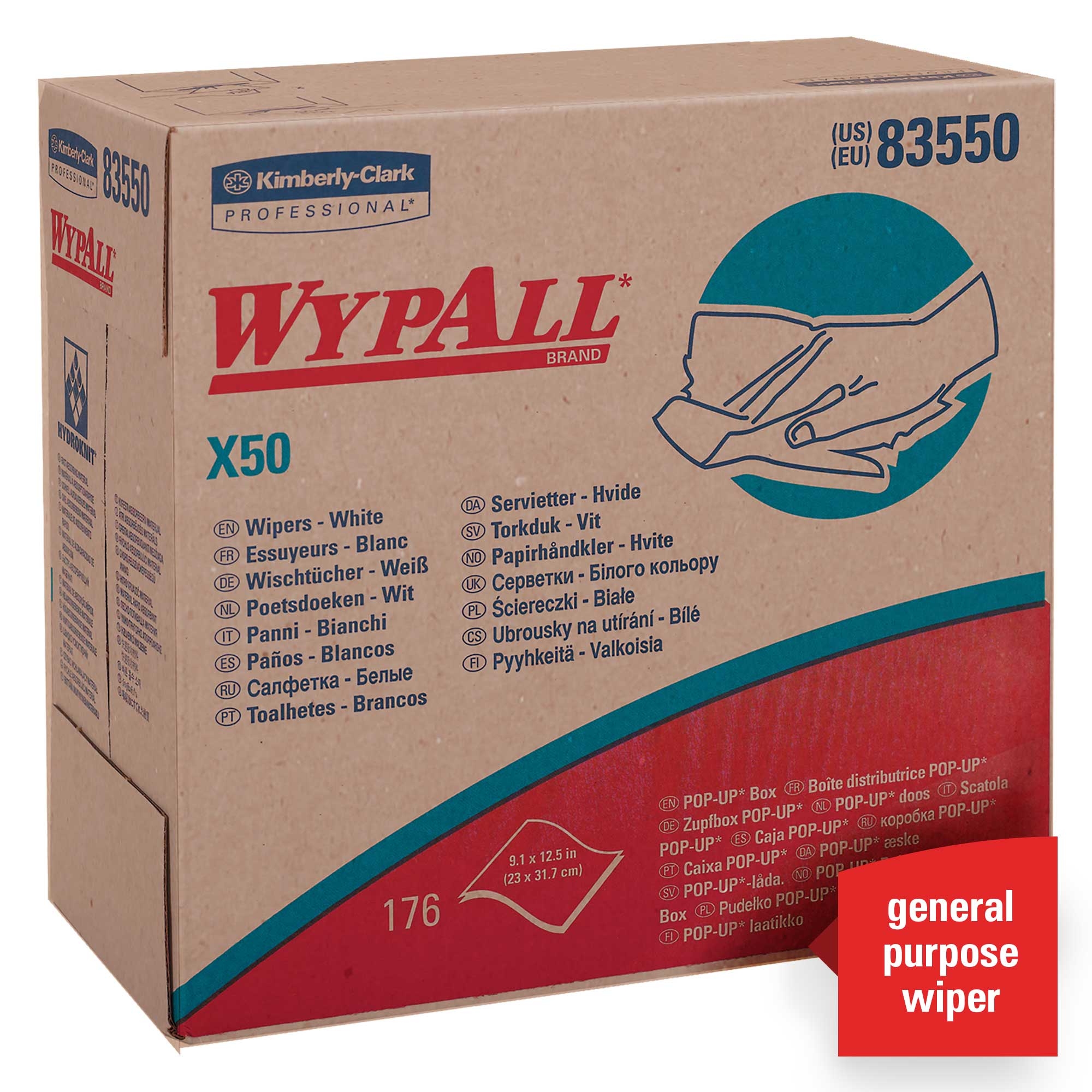 WypAll Pop-Up Box X50 White Extended Use Disposable Cloth - 176 sheets per box -- 10 boxes per case