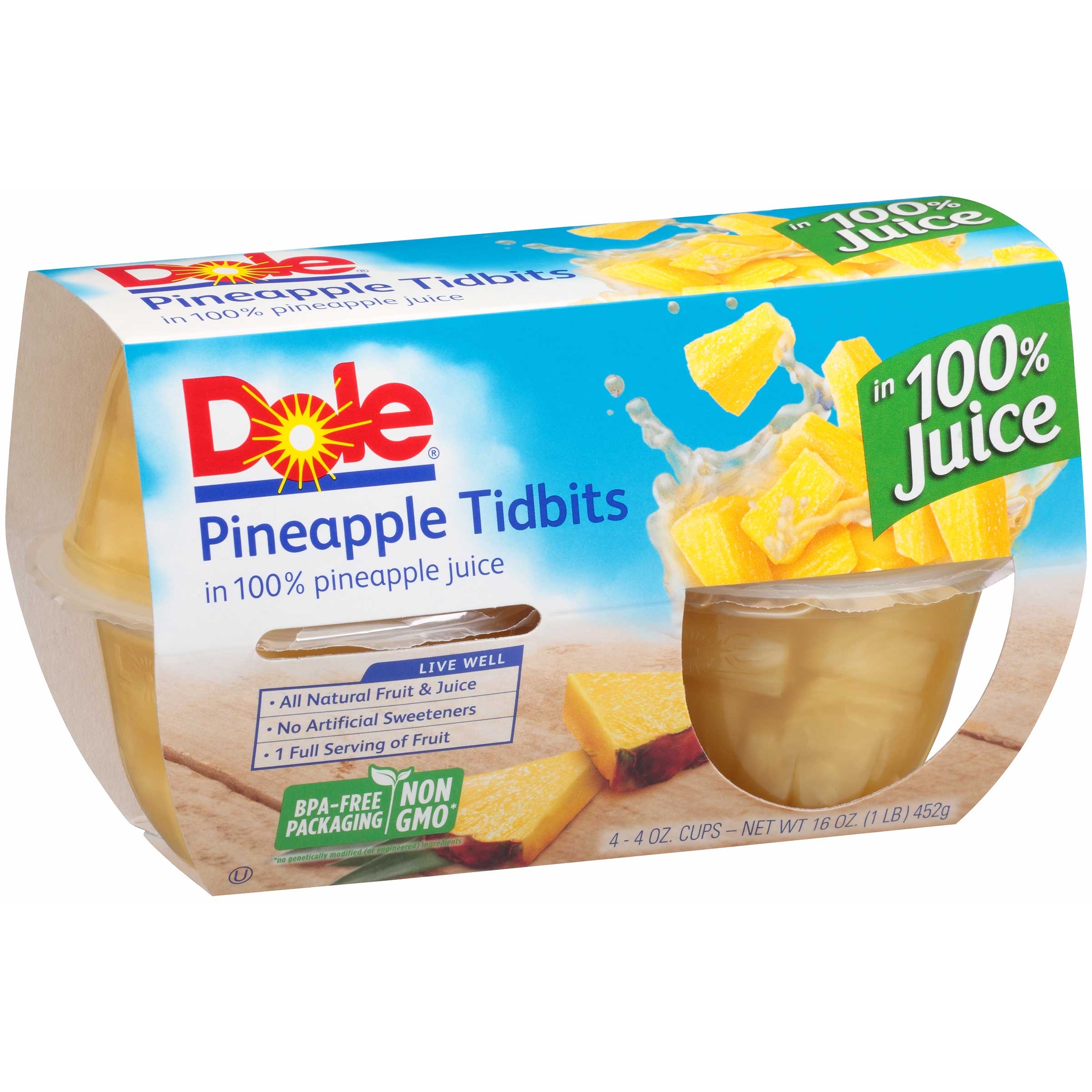 Dole Pineapple Tidbits in Juice, 4 Ounce -- 6 per case.