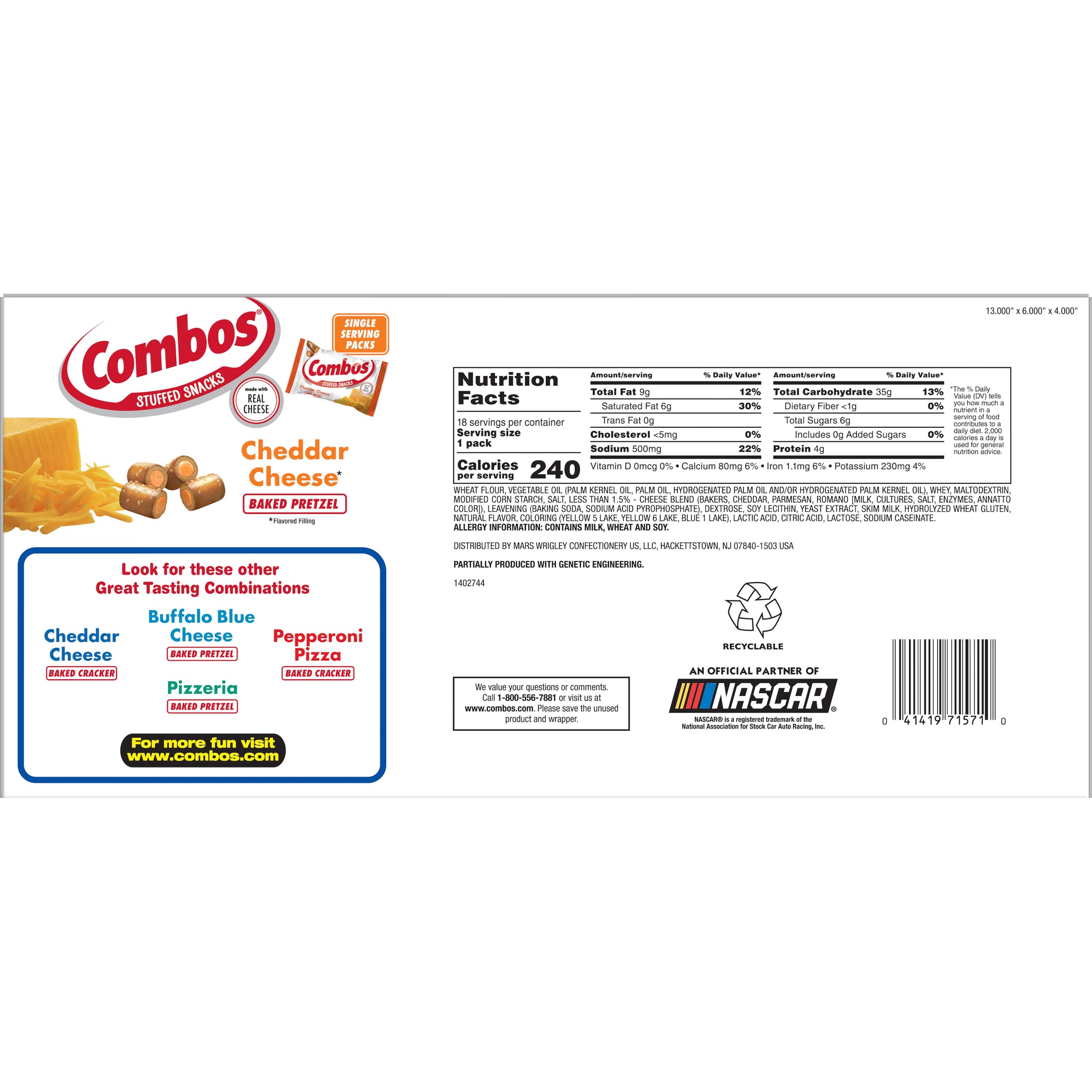 Combos Cheddar Cheese Pretzel Baked Snacks -- 216 per case.