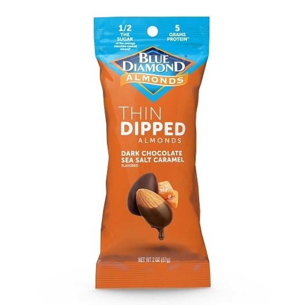 Blue Diamond Thin Dipped Dark Chocolate Sea Salt Caramel Covered Almonds, 2 Ounce - 100 per case