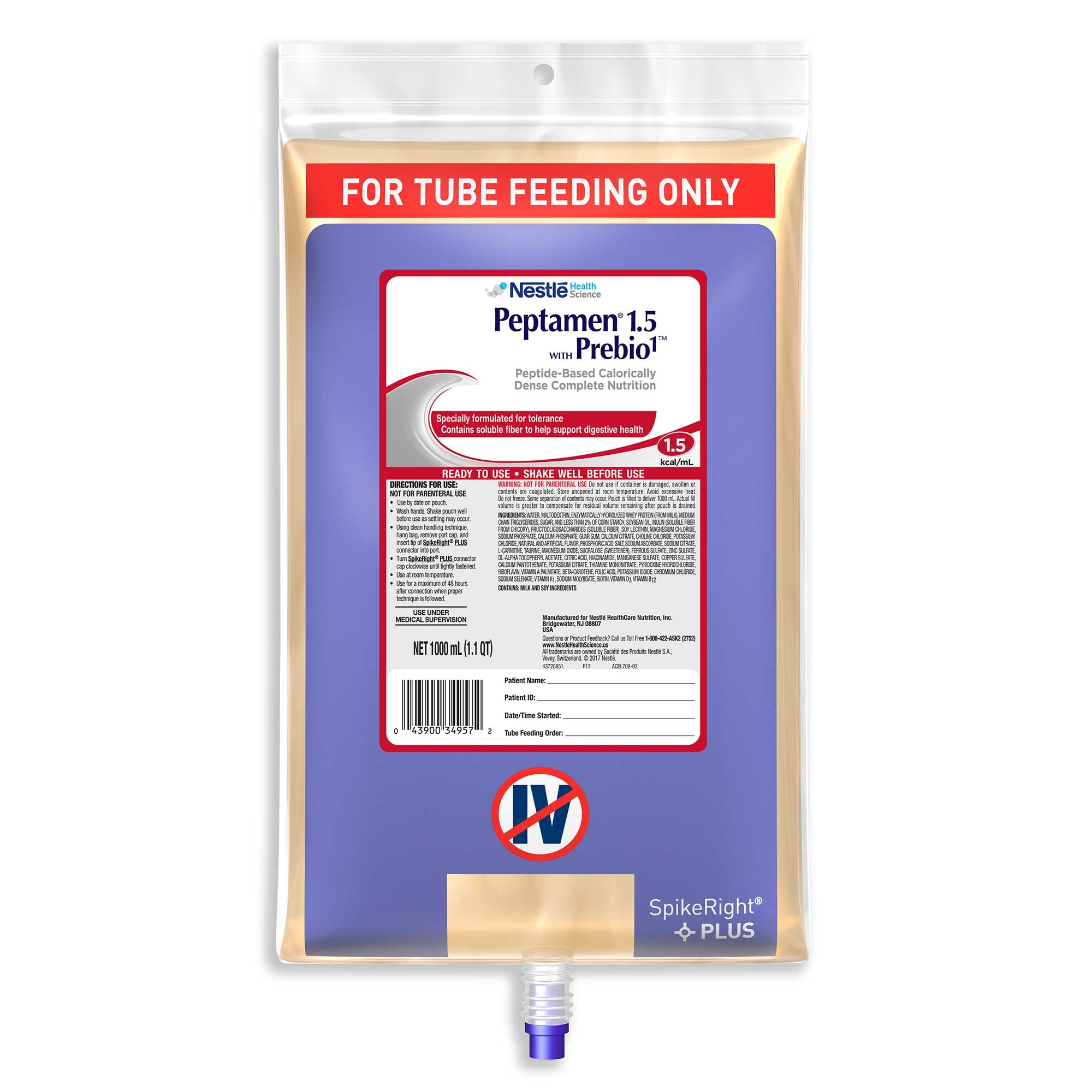 Peptamen 1.5 SpikeRight Plus UltraPak with Prebio1 Tube Feeding, 33.8 Fluid Ounce -- 6 per case.