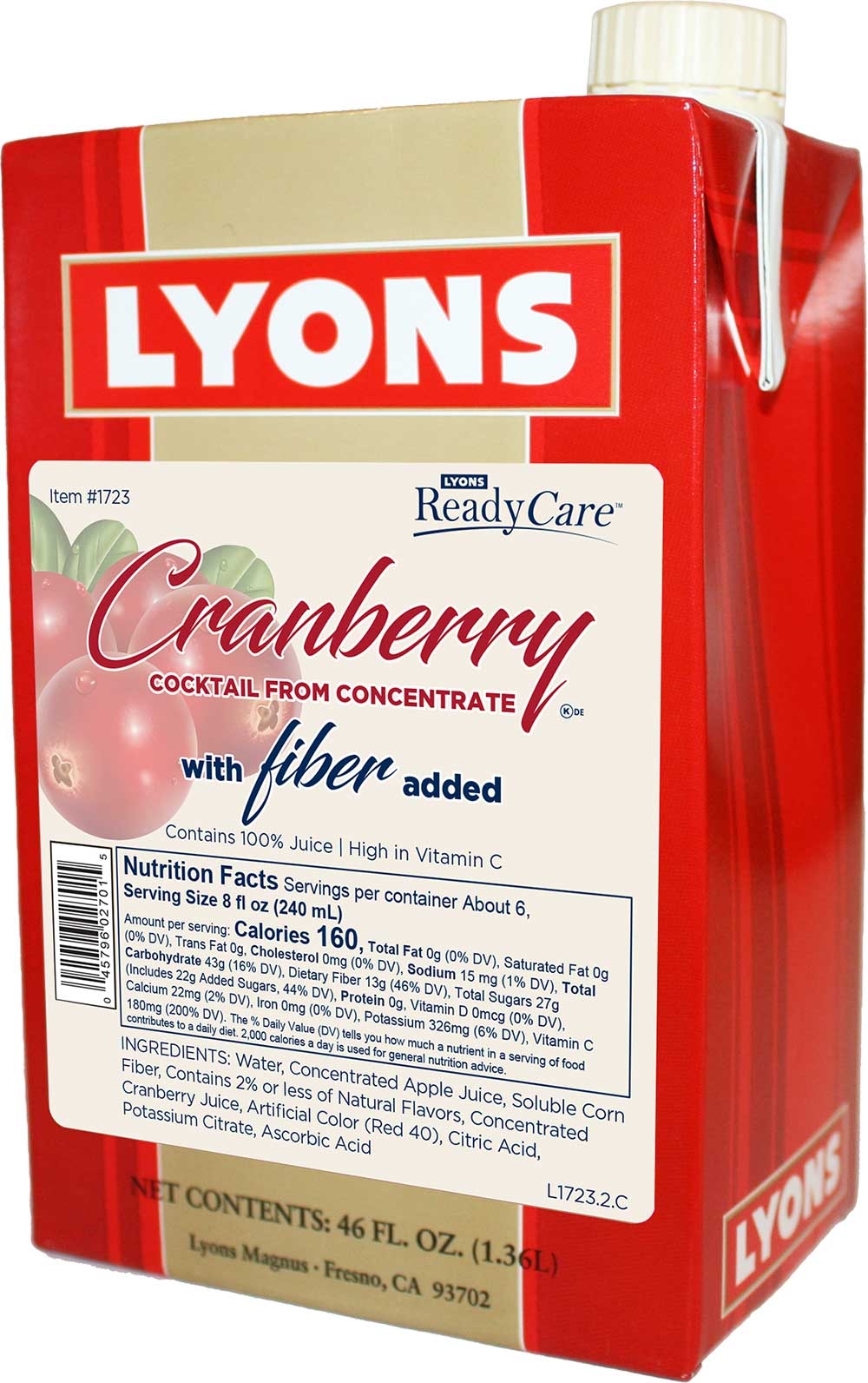 Lyons ReadyCare Cranberry Cocktail with Fiber, 46 Ounce -- 12 per case