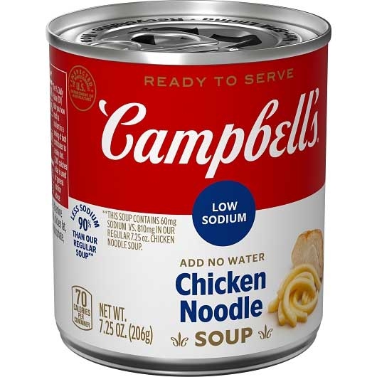 Campbells Ready To Serve Low Sodium Chicken Noodle Soup, 7.25 Ounce -- 24 per case.