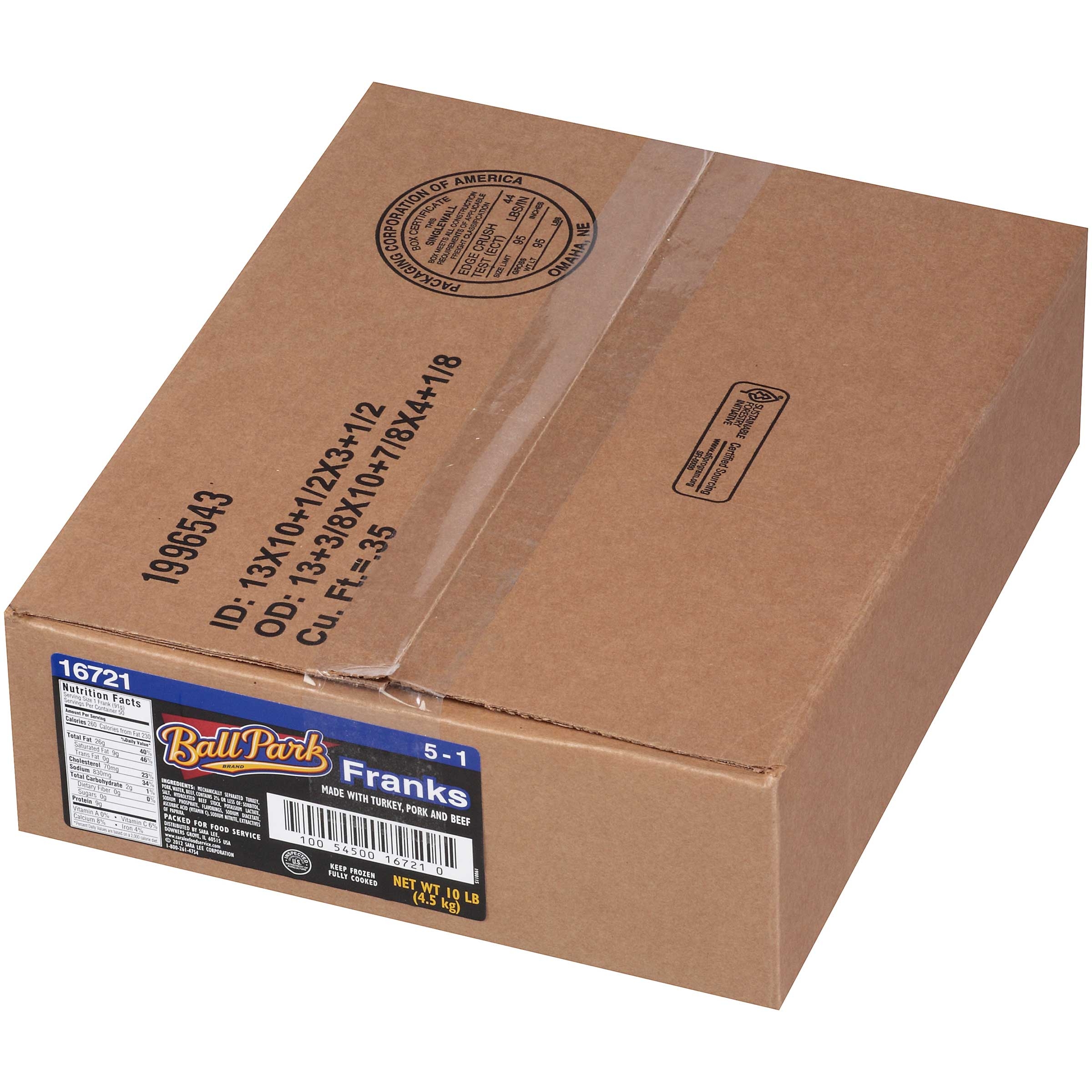 5:1 Ball Park Meat Frank Hot Dog, 10 Pound.