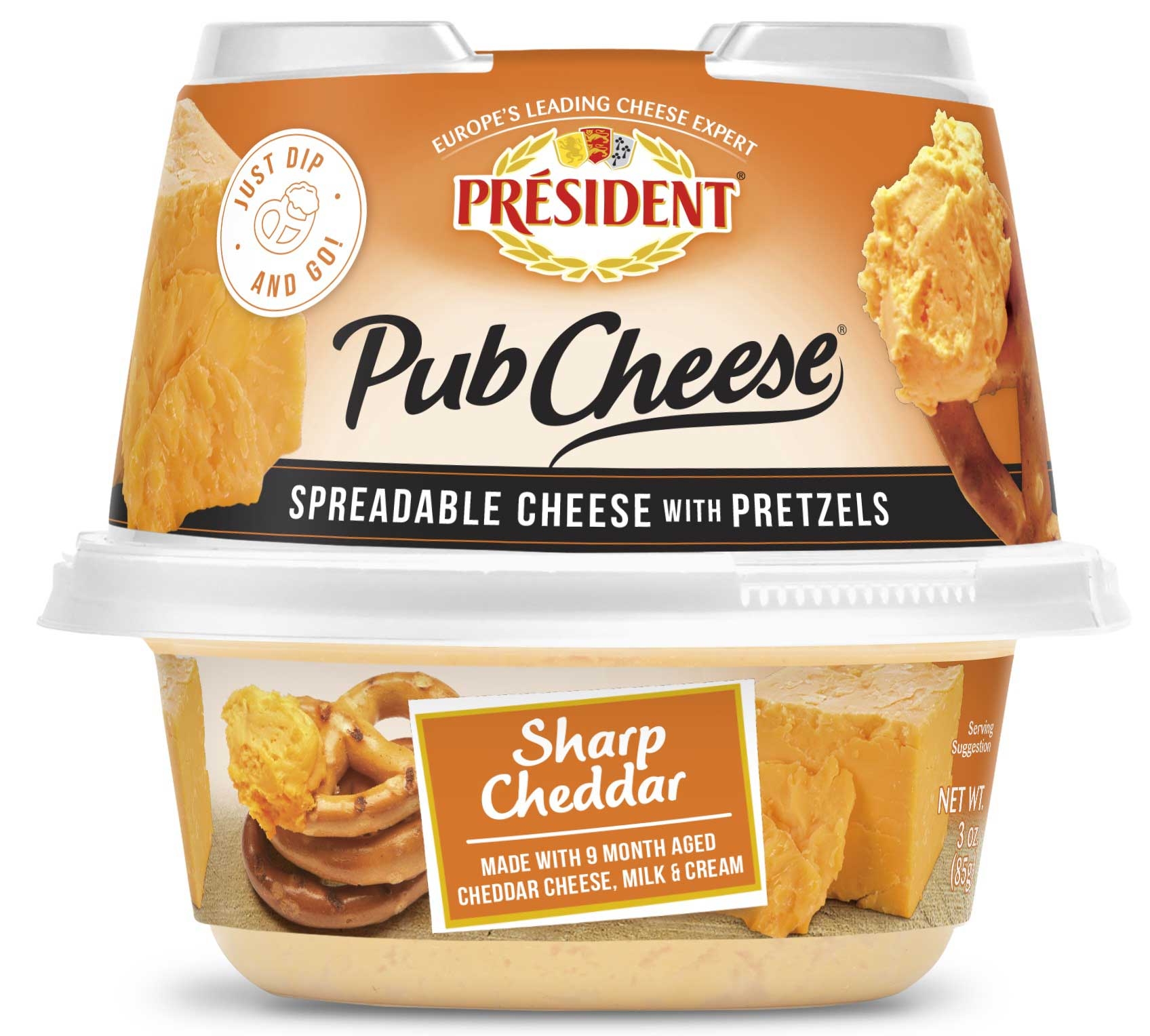 President Pub Cheese Sharp Cheddar Spreadable Cheese with Pretzels, 3 Ounce -- 8 per case