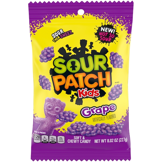 Sour Punch Kids Grape Flavor Soft and Chewy Candy, 8.02 Ounce Peg Bag -- 12 per case
