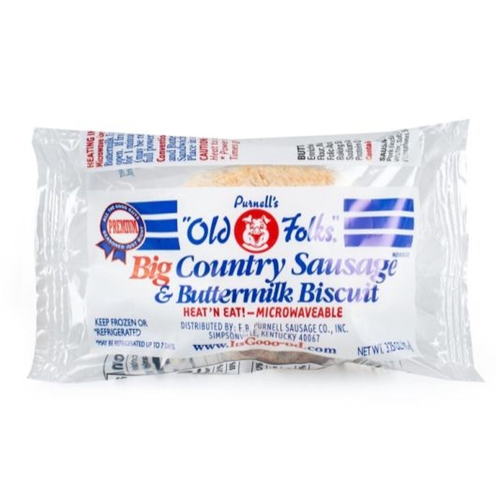 Purnells Old Folks Sausage and Big Buttermilk Biscuit Sandwich, 3.25 Ounce - 32 per case