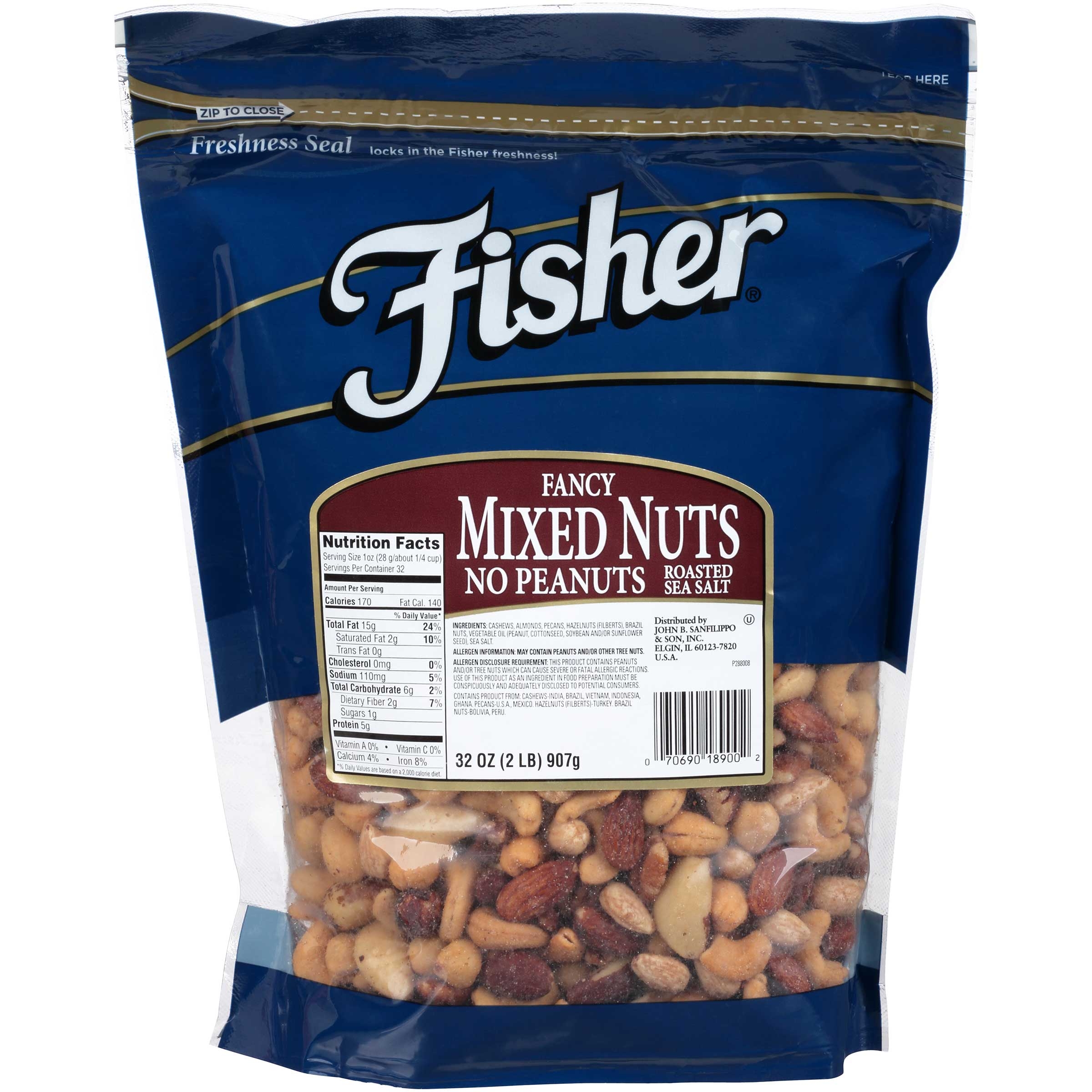 Fisher Fancy Mixed Nuts No Peanuts, 32 Ounce -- 3 per case.