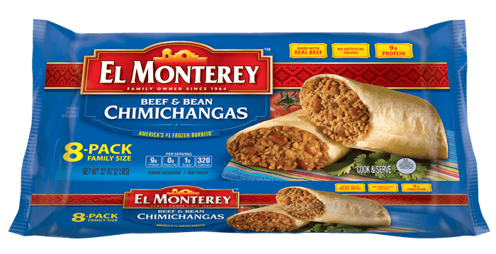 Ruiz Foodservice El Monterey Beef and Bean Chimichanga, 4 Ounce - 8 per pack -- 8 packs per case.