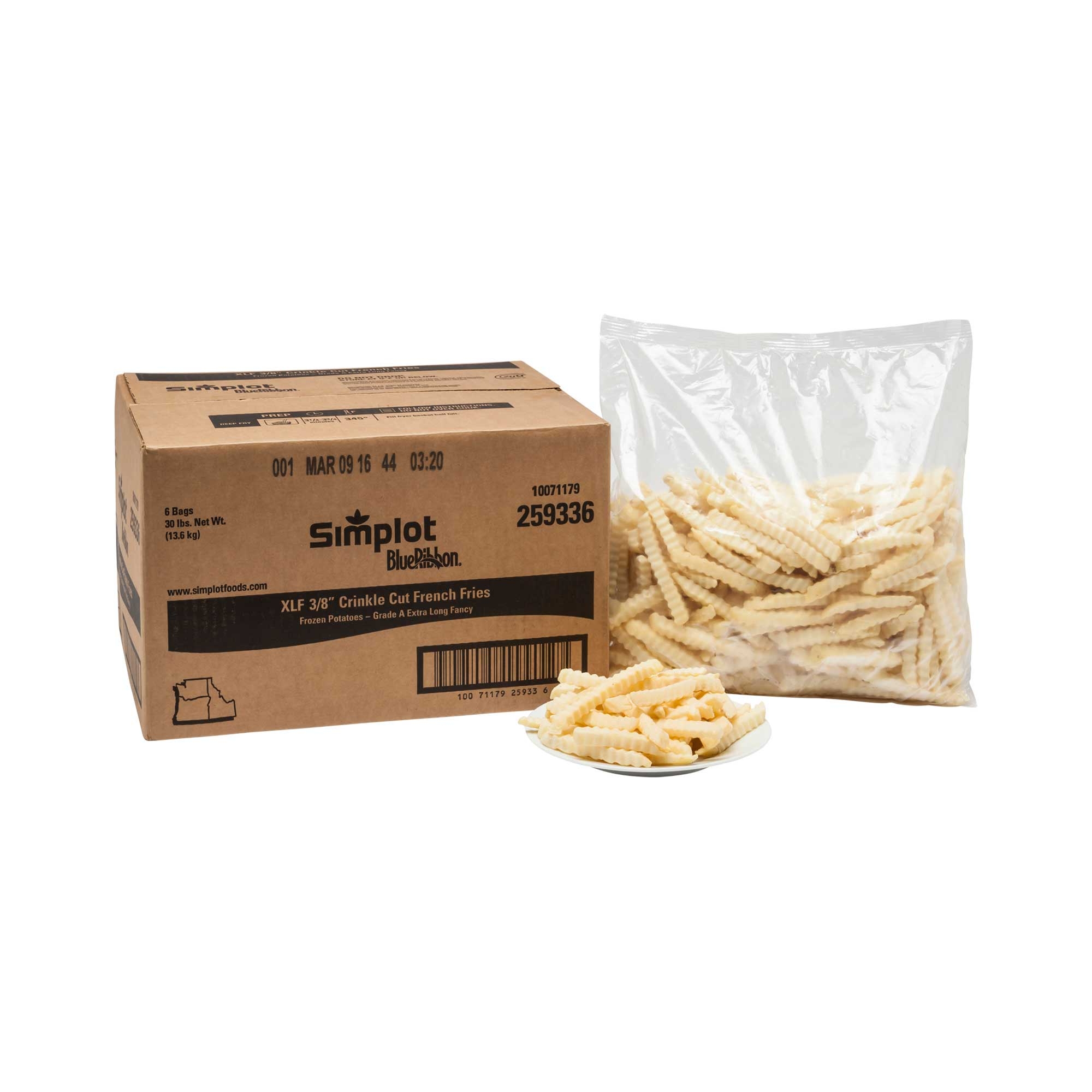 Simplot Blue Ribbon Crinkle Cut with Shield Fancy Potato Fries, 5 Pound -- 6 per case.