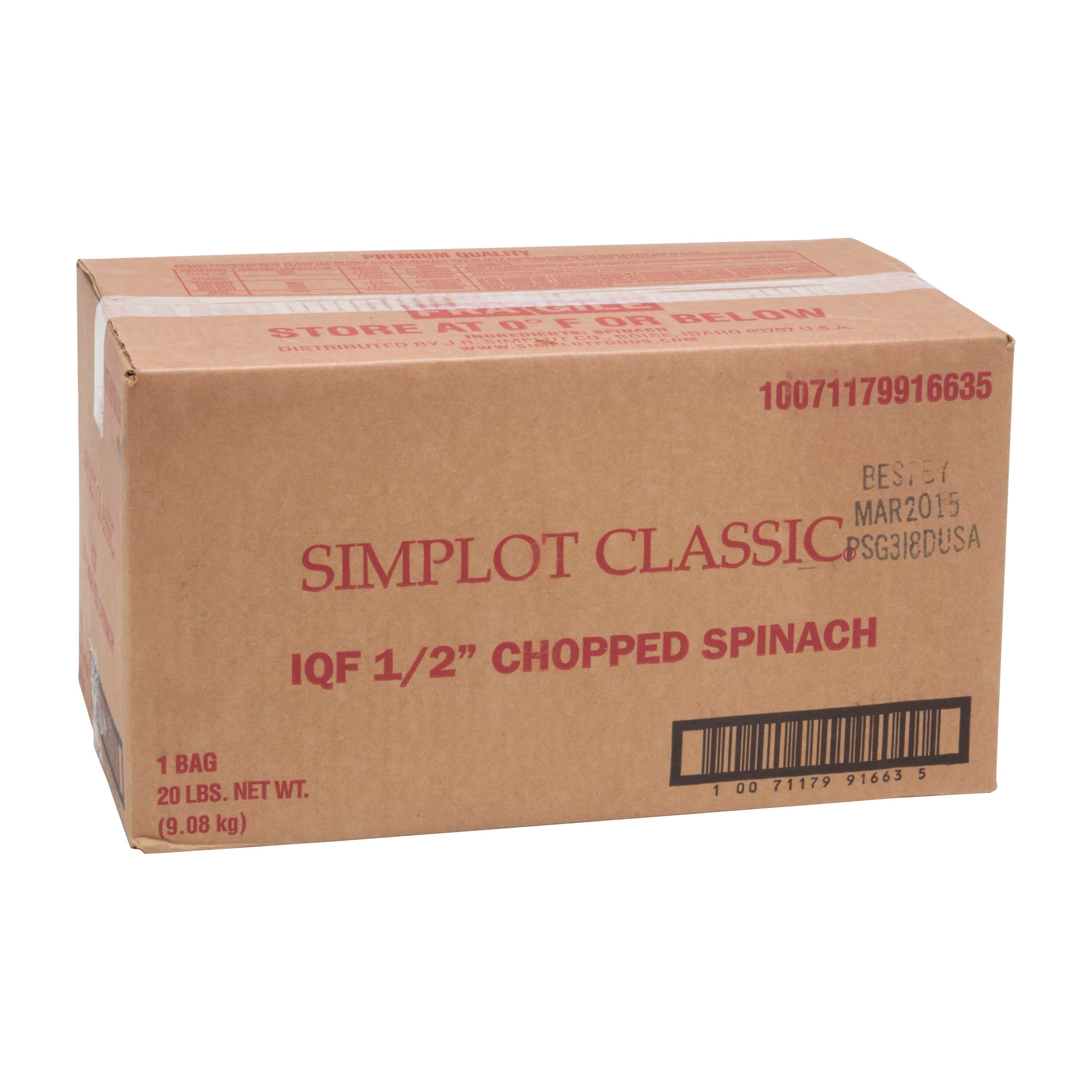 Simplot IQF Chopped Spinach - 20 lb. package, 1 package per case