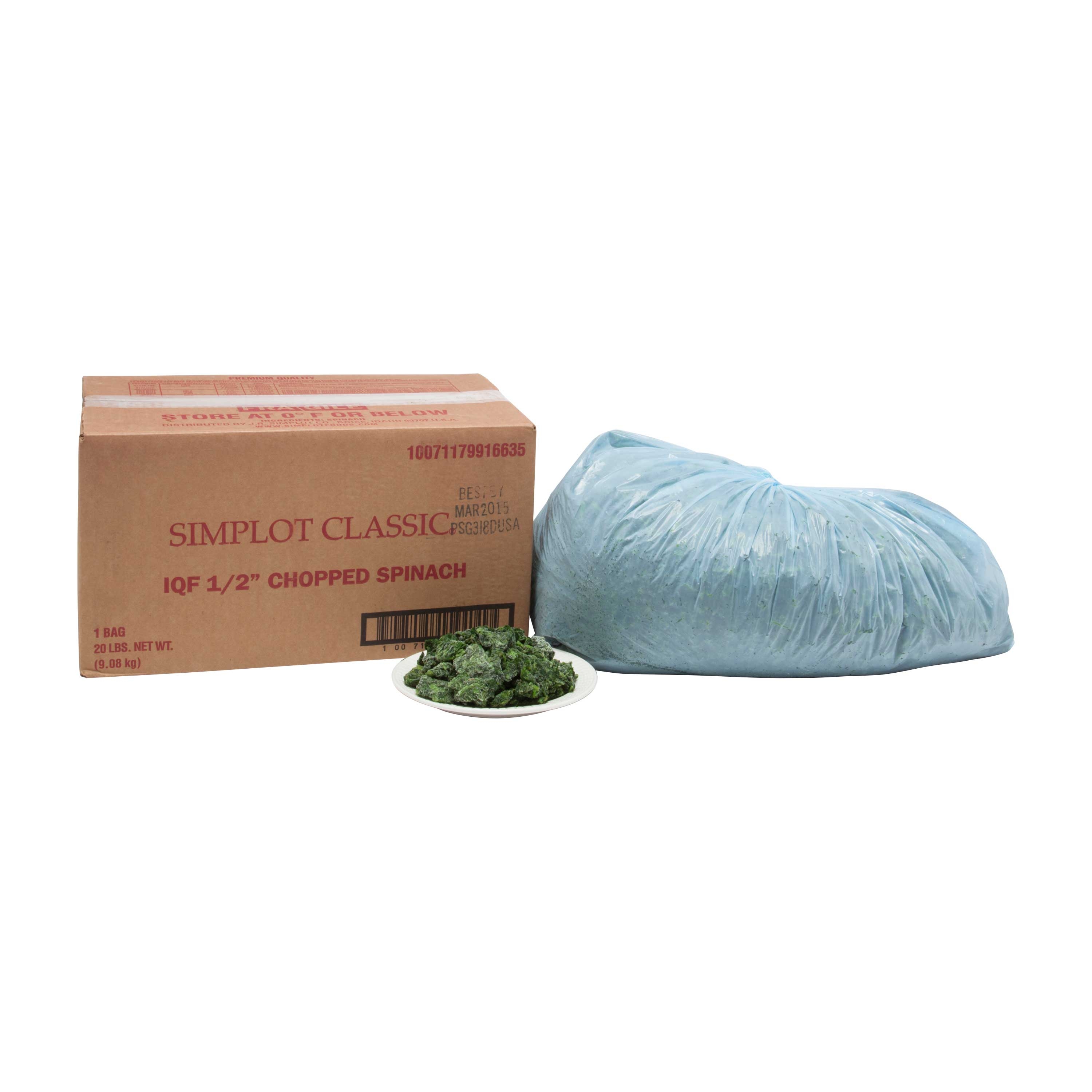 Simplot IQF Chopped Spinach - 20 lb. package, 1 package per case