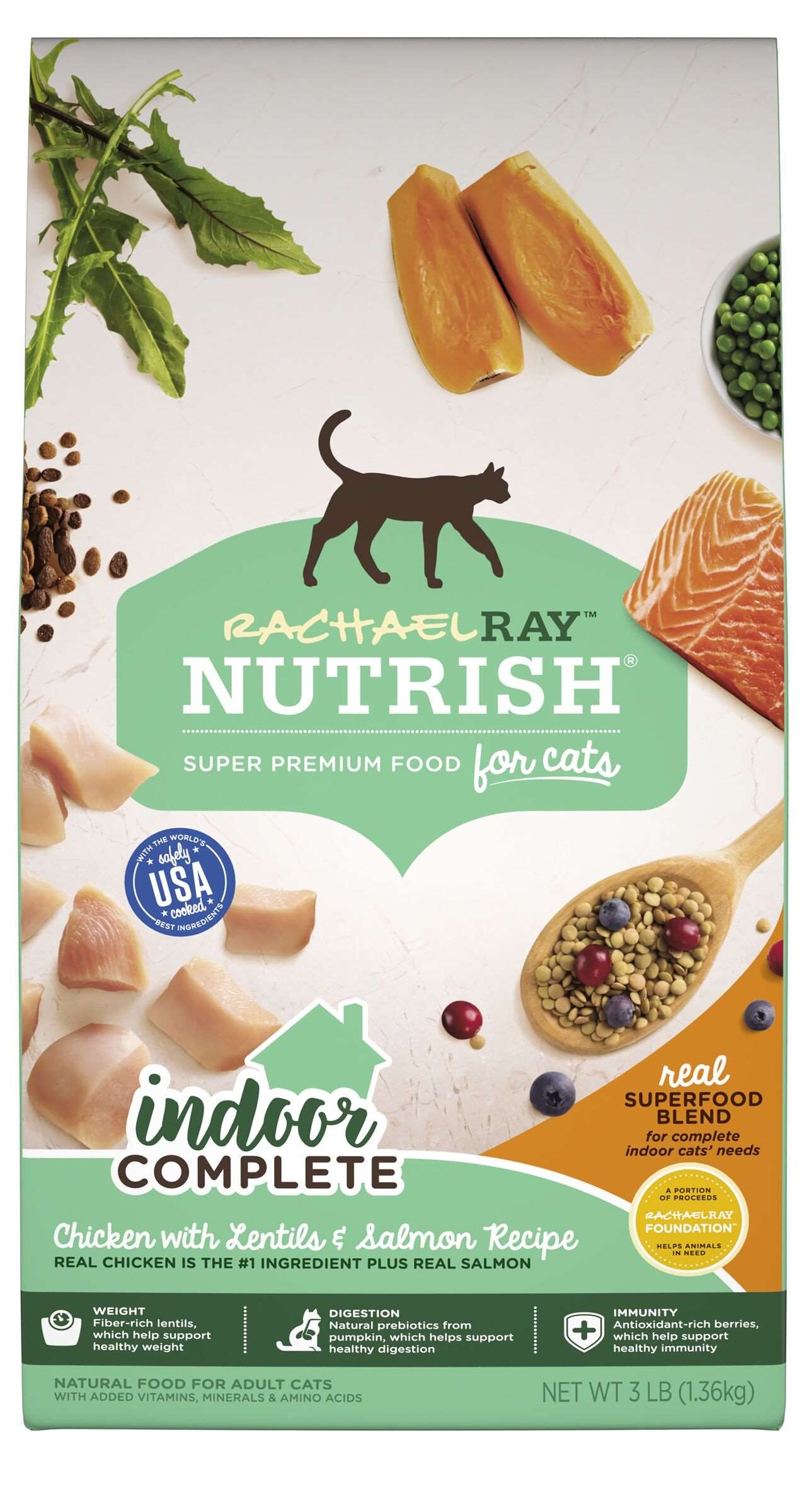 Rachael Ray Nutrish Chicken with Lentils and Salmon Indoor Complete Dry Cat Food, 3 Pound Bag -- 4 per case