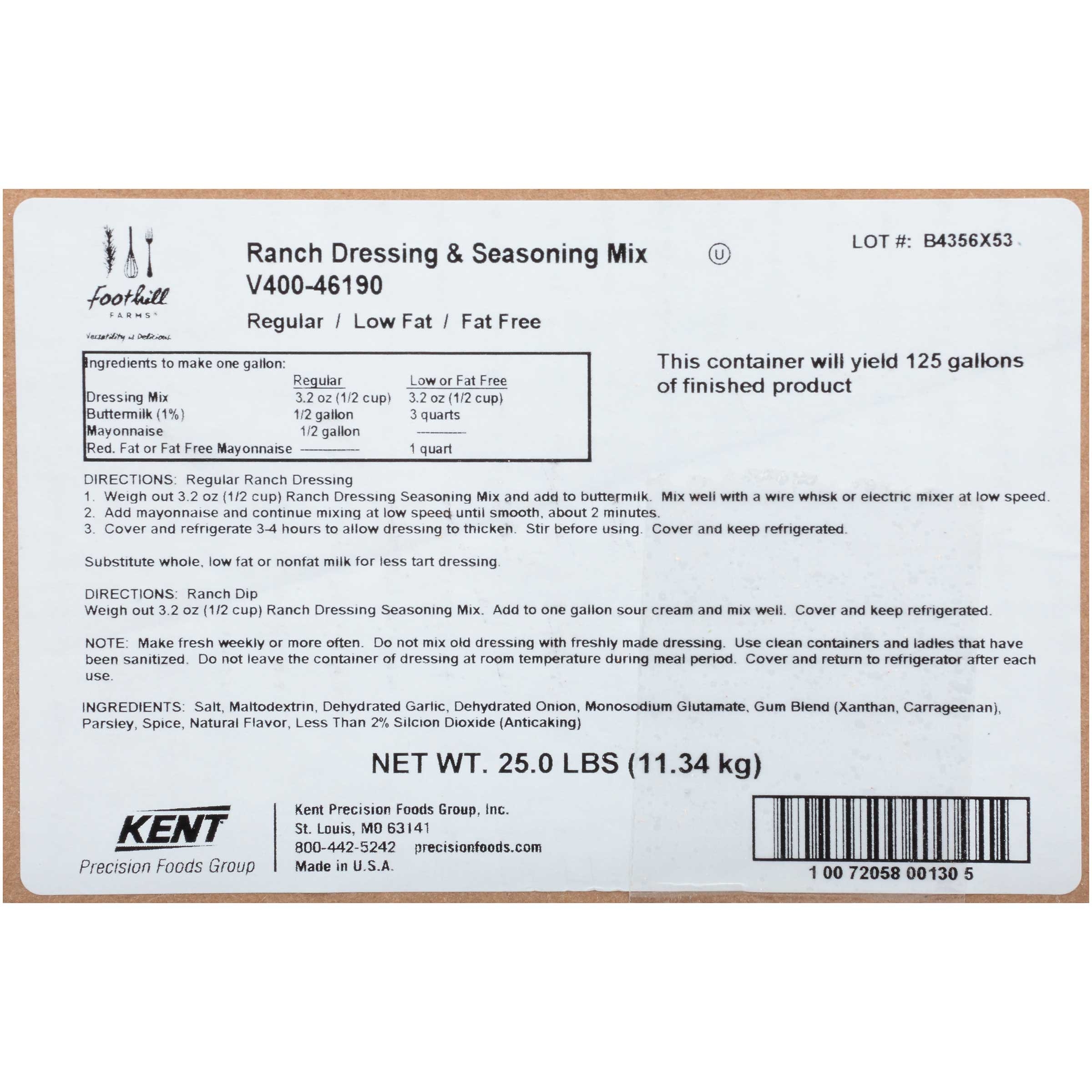 Foothill Farms Ranch Dressing Mix - 25 Pound -- 1 Case