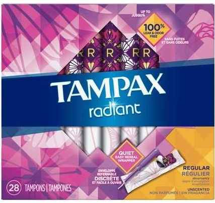 Tampax Radiant Regular Tampons, 28 count per pack -- 6 per case