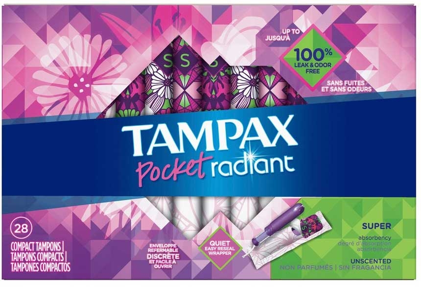 Tampax Pocket Radiant Super Tampons, 28 count per pack -- 12 per case.