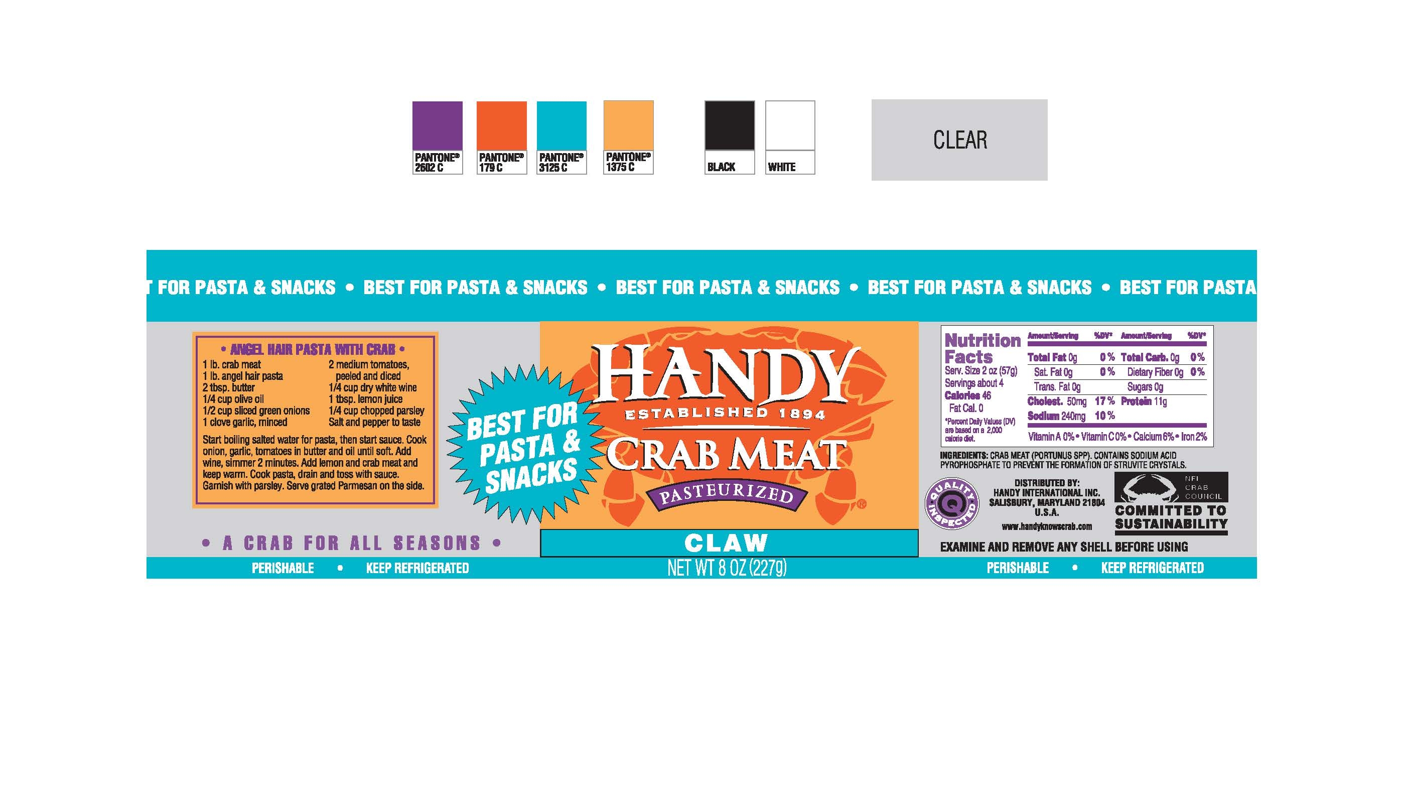 Handy Pelagicus Pasteurized Claw Crab Meat, 8 Ounce Cup -- 12 per case.