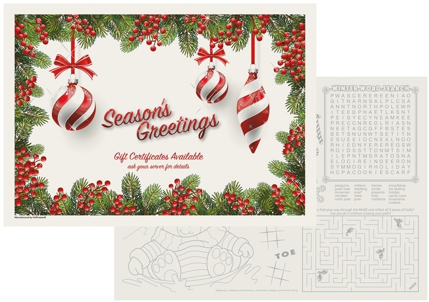 Hoffmaster Paper 5 Colors 2 Sided Holiday Ornament Gift Certificate Placemat, 10 x 14 inch -- 1000 per case.