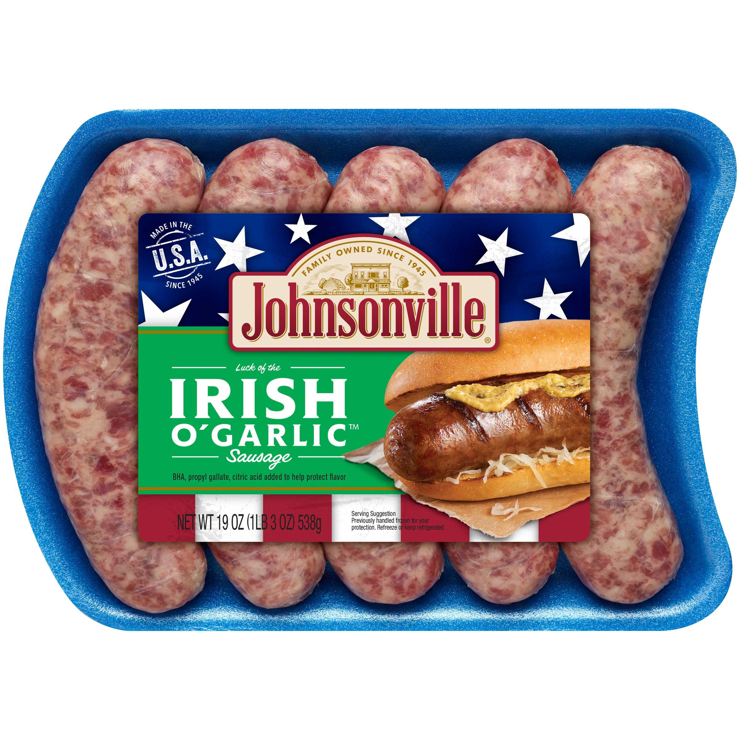 Johnsonville Irish O Garlic Sausage, 19 Ounce -- 12 per case.