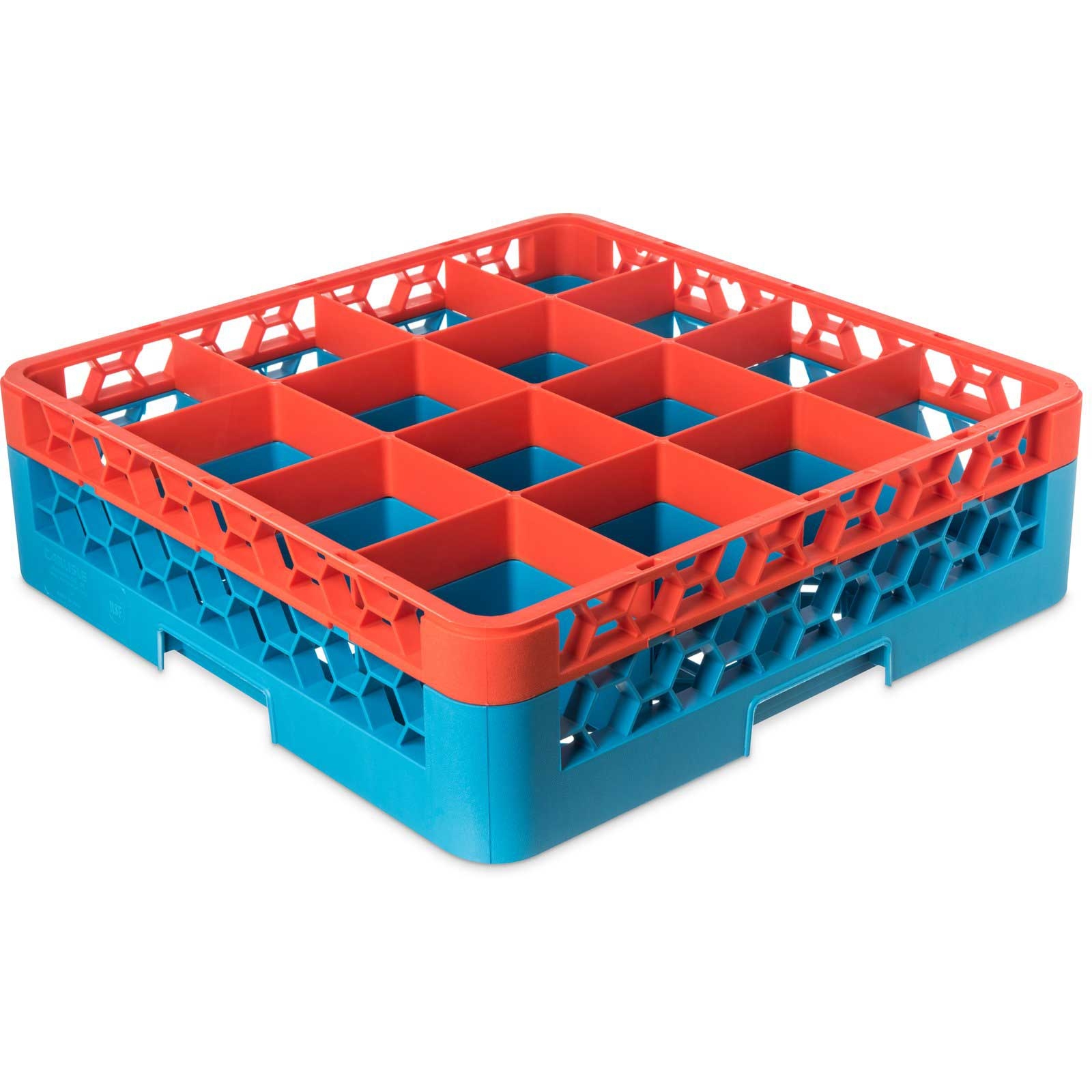 Carlisle OptiClean Polypropylene Orange and Carlisle Blue 16 Compartment Divided Glass Rack with 1 Extender, 5.56 inch -- 4 per case