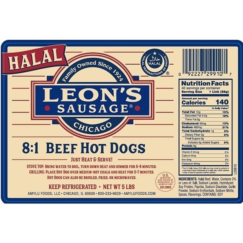 Leons Sausage Fully Cooked 8:1 Halal Beef Hot Dog, 10 Pound