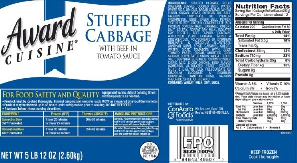 Conagra Award Cuisine Stuffed Cabbage Roll with Beef in Tomato Sauce, 92 Ounce -- 4 per case.