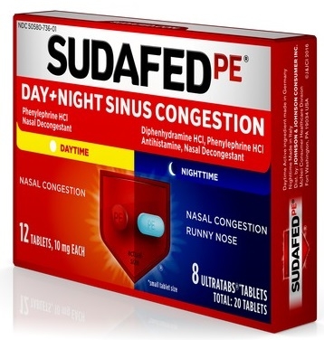 Sudafed Day Night Sinus Congestion, 20 count per pack -- 72 per case.
