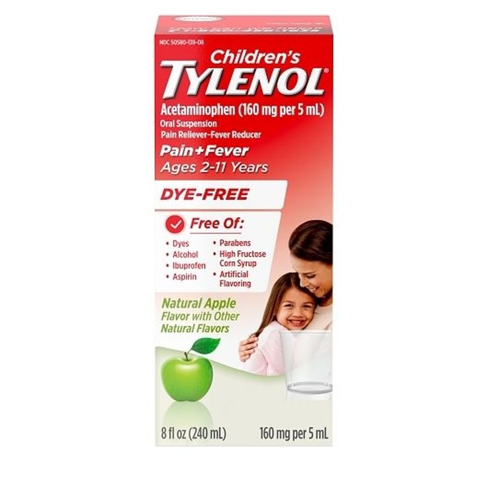 Childrens Tylenol Natural Apple Flavor Dye-Free Oral Suspension, 8 Fluid Ounce -- 24 per case