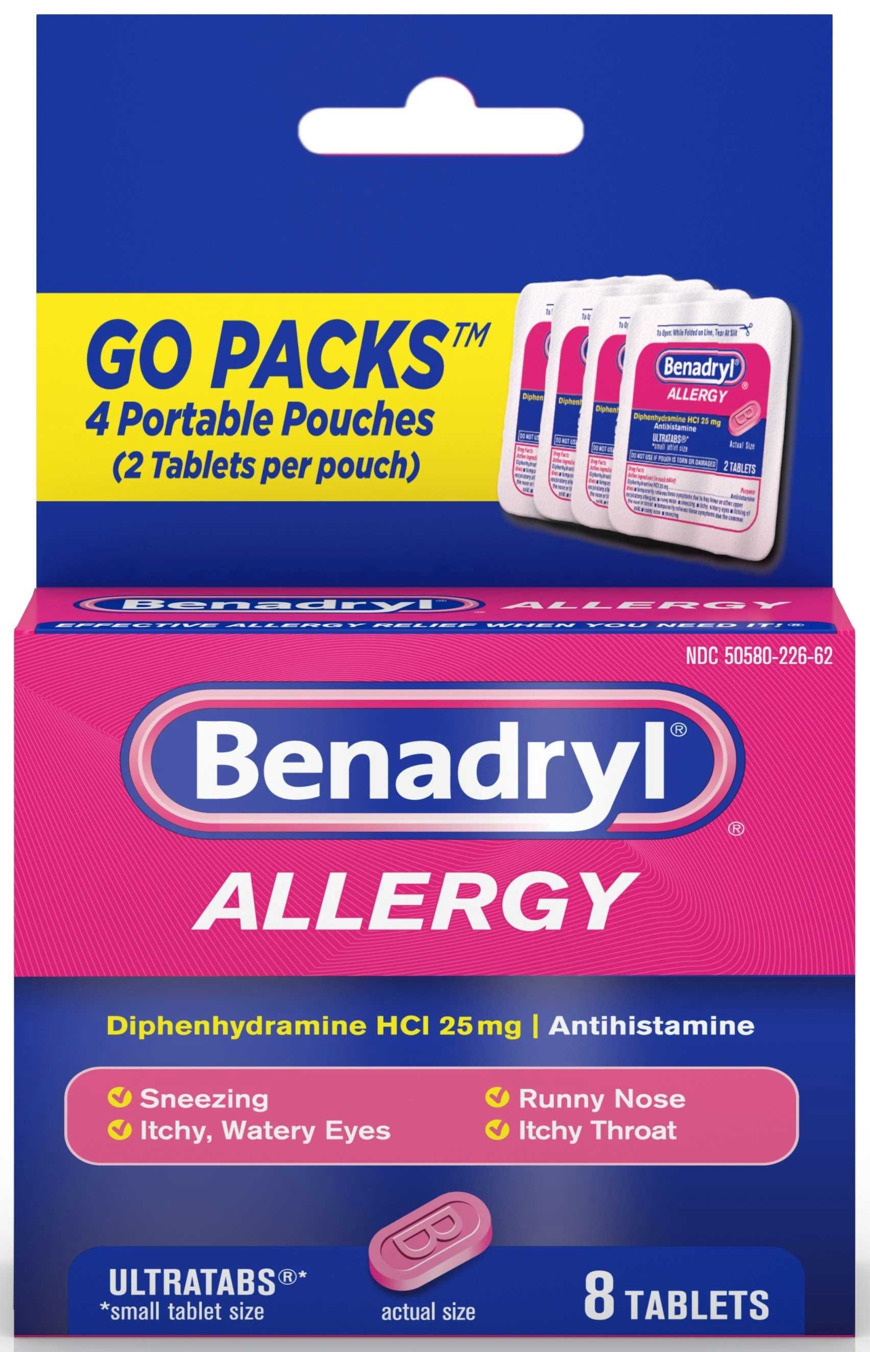 Benadryl Go Pack Allergy Tablet, 8 per unit -- 72 per case