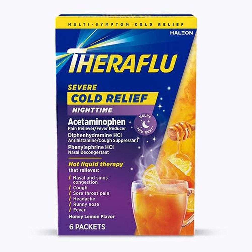 Theraflu Severe Cold Relief Nighttime Honey Lemon Powder, 6 count -- 24 per case