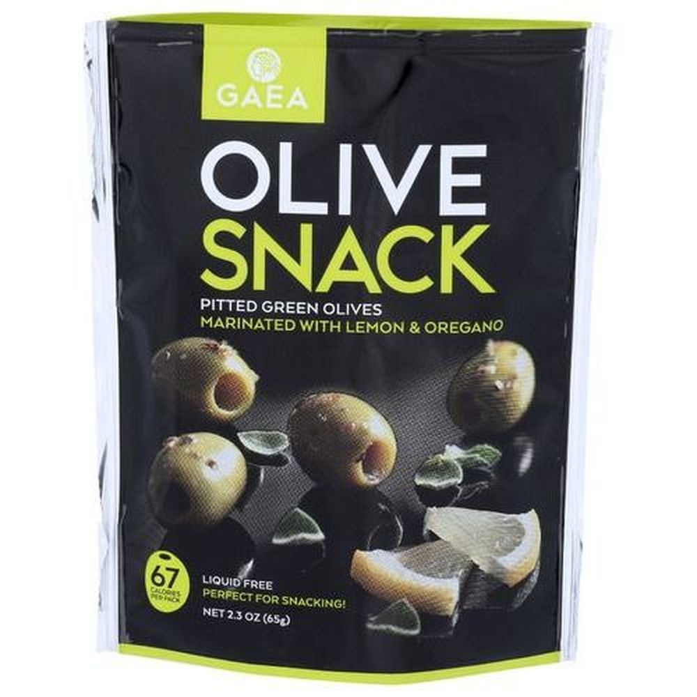 Gaea Green Pitted Olives Marinated with Oregano and Lemon Snack Pack, 2.3 Ounce -- 8 per case