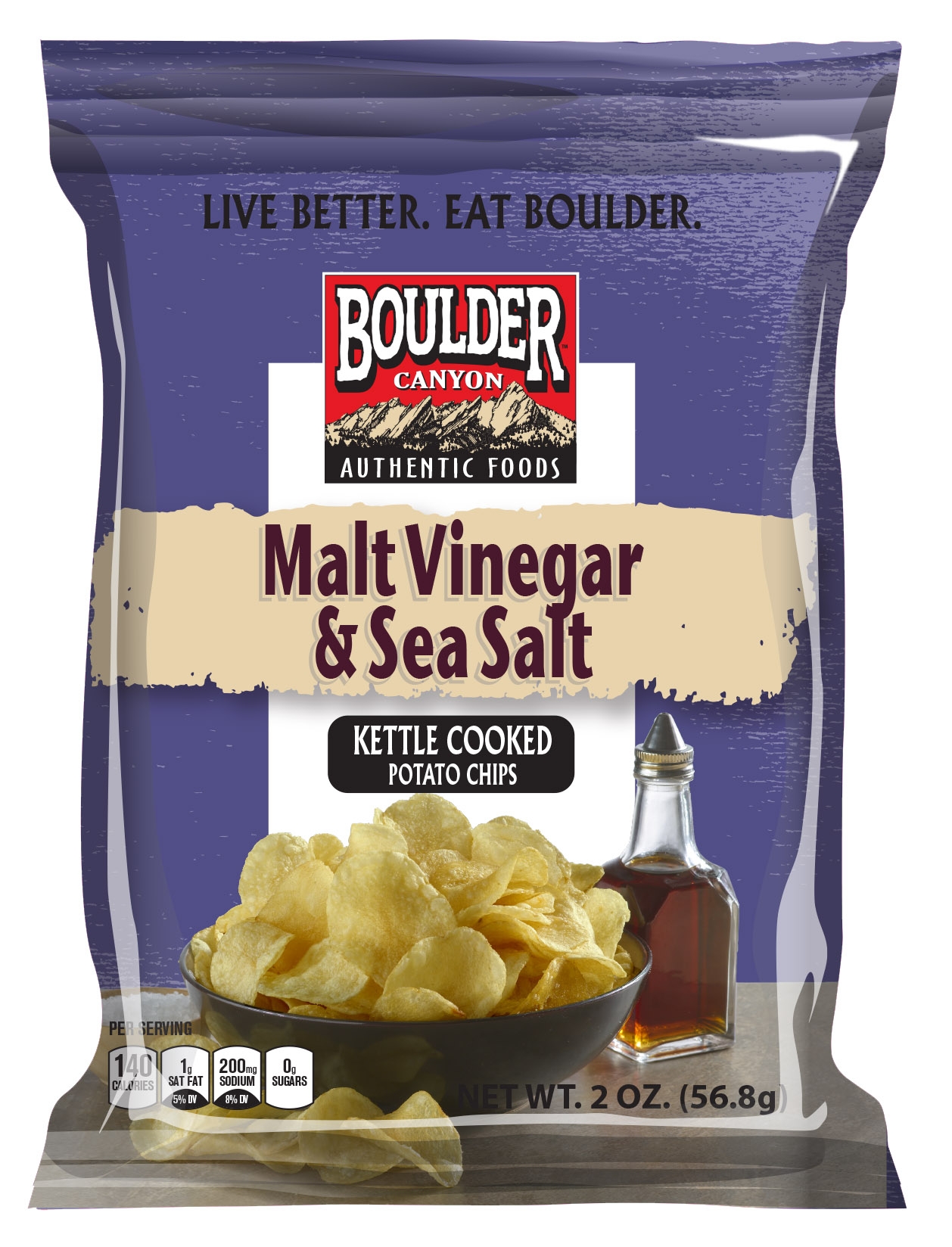 Boulder Canyon Malt Vinegar and Sea Salt Kettle Cooked Potato Chips - 2 oz. bag, 8 per case