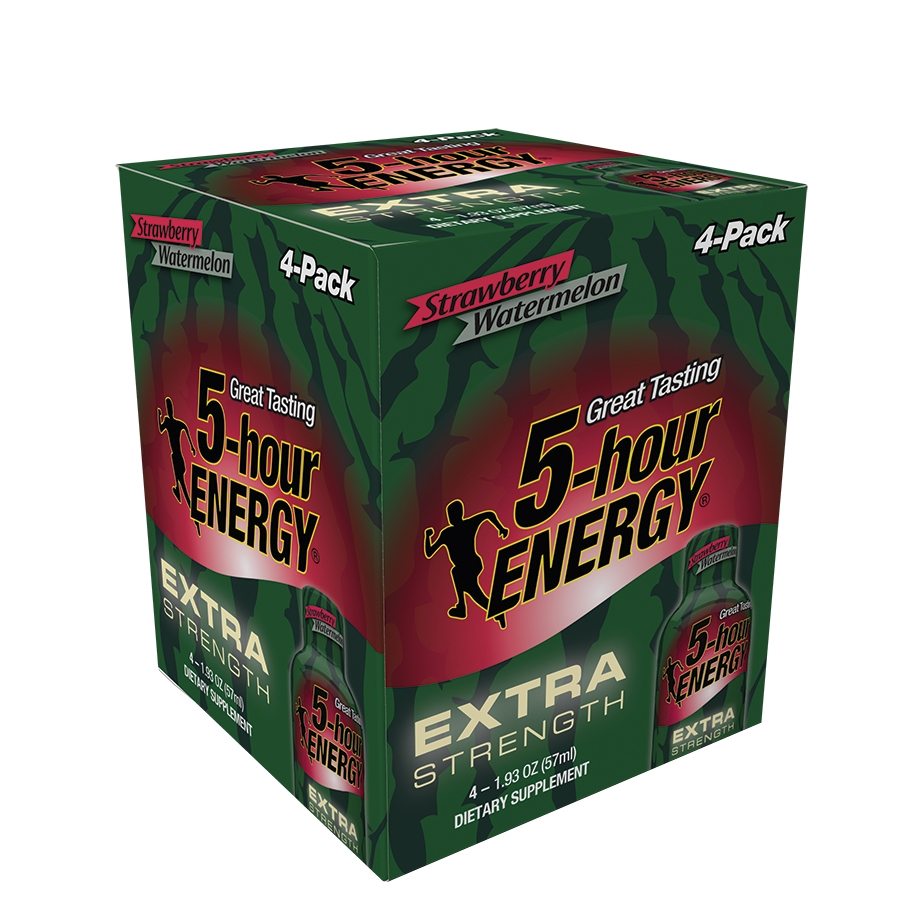 5 Hour Energy Strawberry Watermelon Extra Strength Shots, 4 count per pack -- 12 per case.