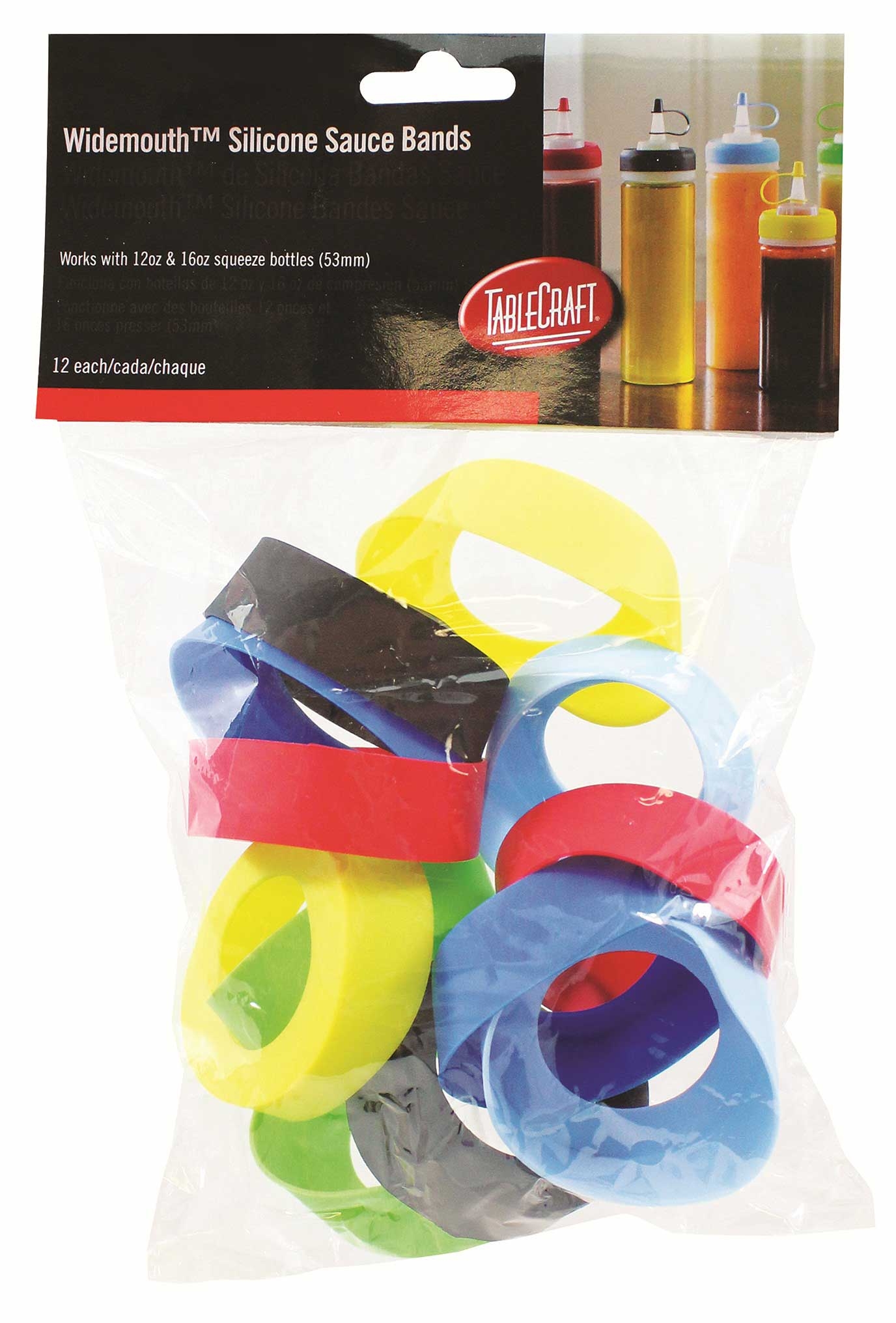 Tablecraft Assorted Color Silicone Sauce Band for 53 mm Bottles - 12 count per pack -- 12 packs per case