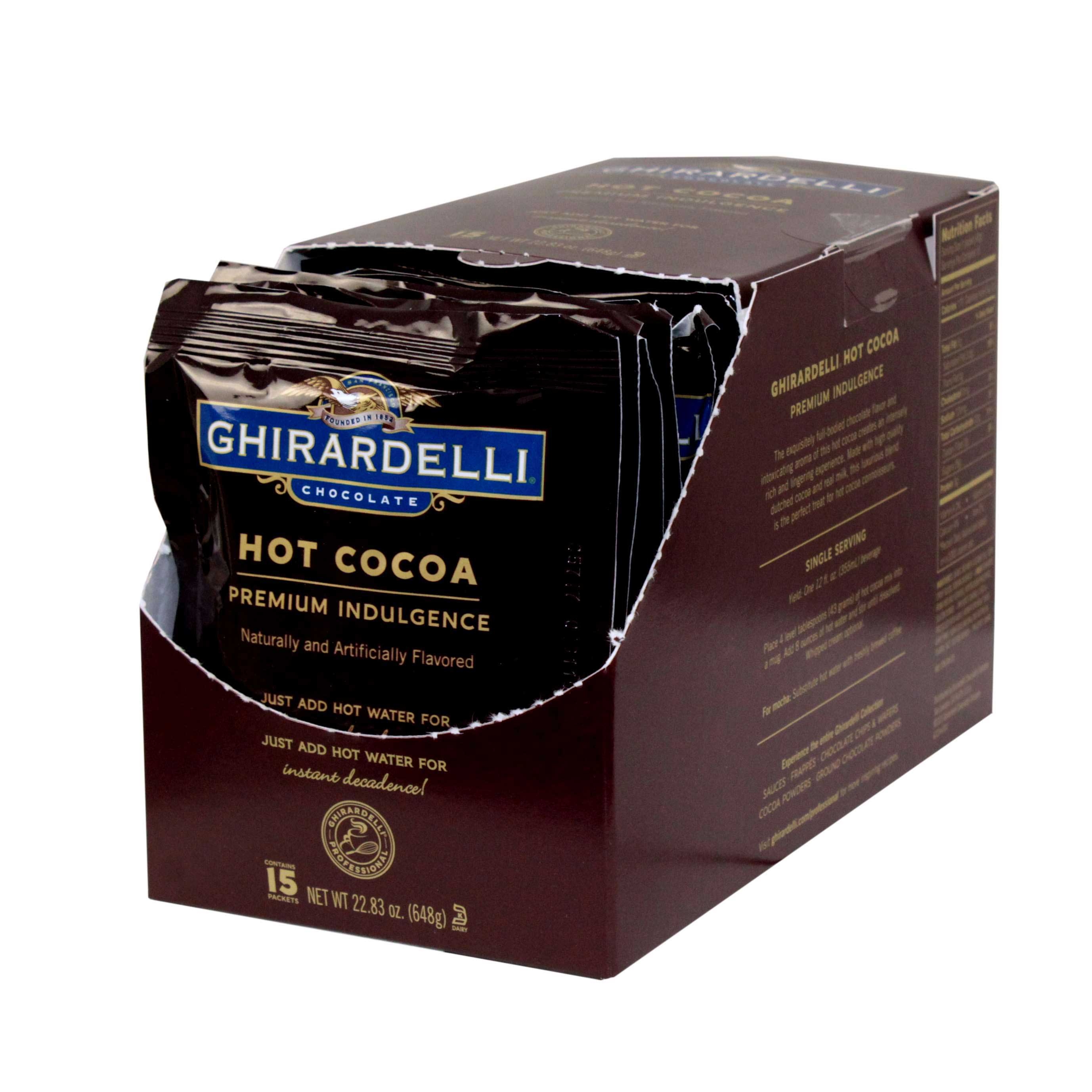 Ghirardelli Premium Double Chocolate Hot Cocoa - 15 single serve packets per box, 6 boxes per case