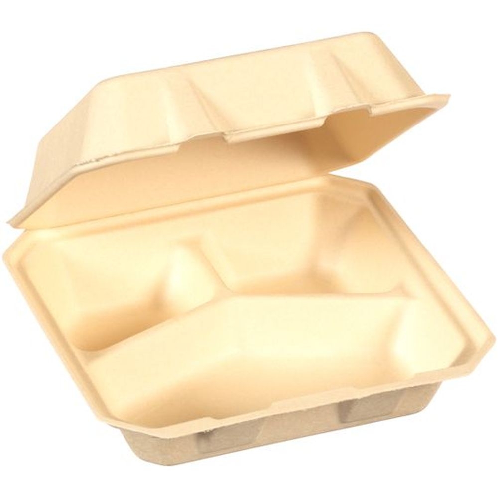Tellus No PFAS Added Sugarcane Fiber Square Disposable 3 Compartment Clamshell, 8 x 8 inch - 200 per pack -- 4 packs per case