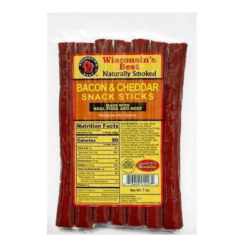 Wisconsins Best Bacon and Cheddar Sausage Snack Sticks, 7 Ounce -- 12 per case