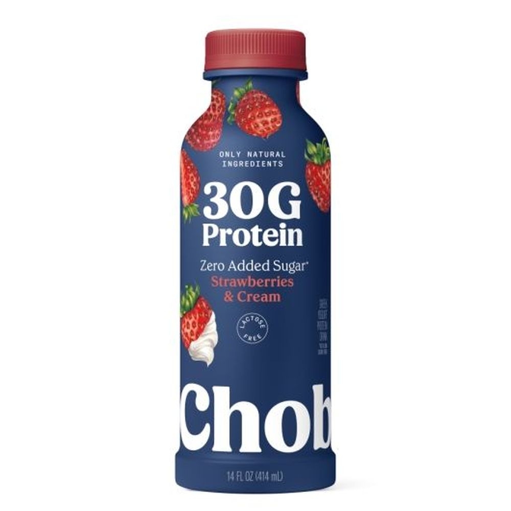 Chobani 30G Protein Strawberries and Cream Lowfat Greek Yogurt Drink, 14 Fluid Ounce - 8 per case